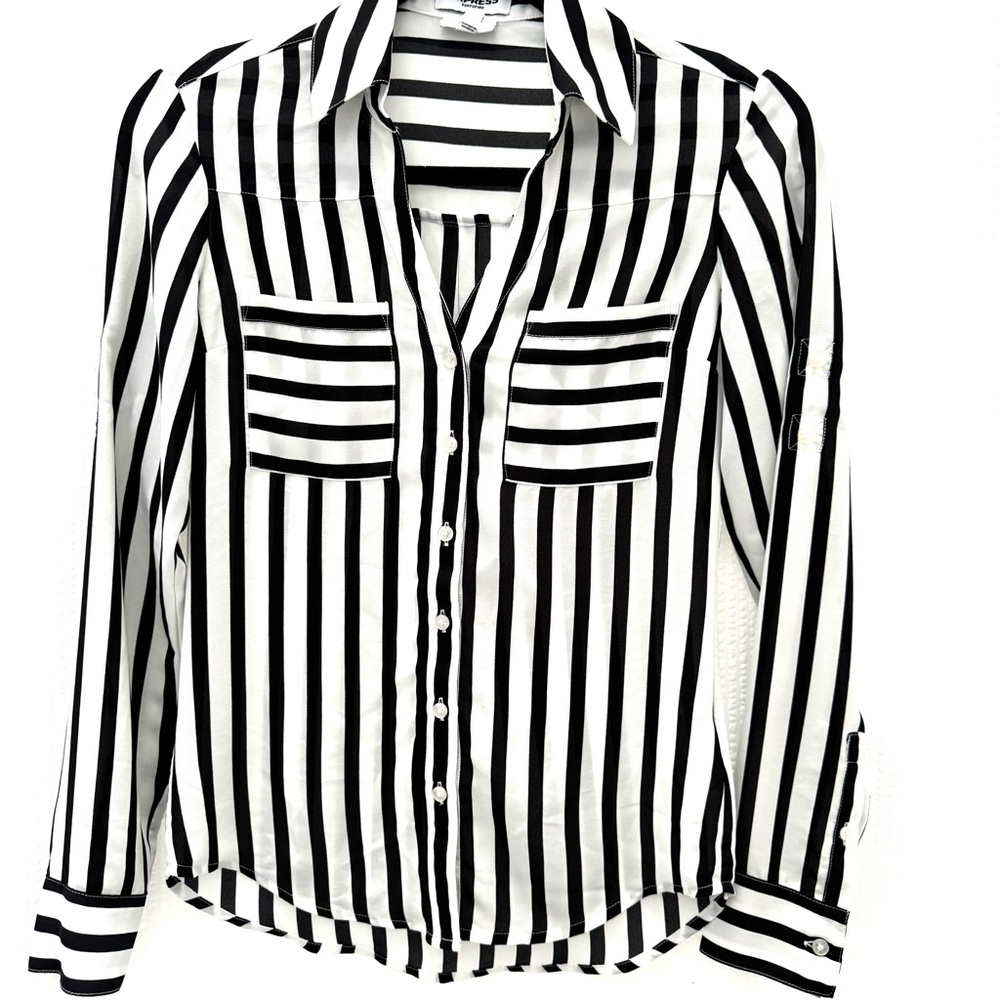 Express Slim Fit Black And White Stripe Portofino Shirt Size XXS
